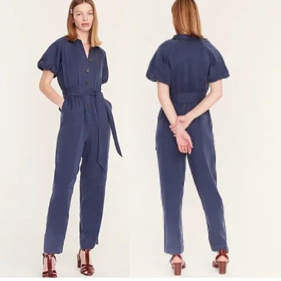 J. Crew Pants - NWT J. Crew Drapey Belted Jumpsuit Blue Women's 6 Puff Sleeve Belted